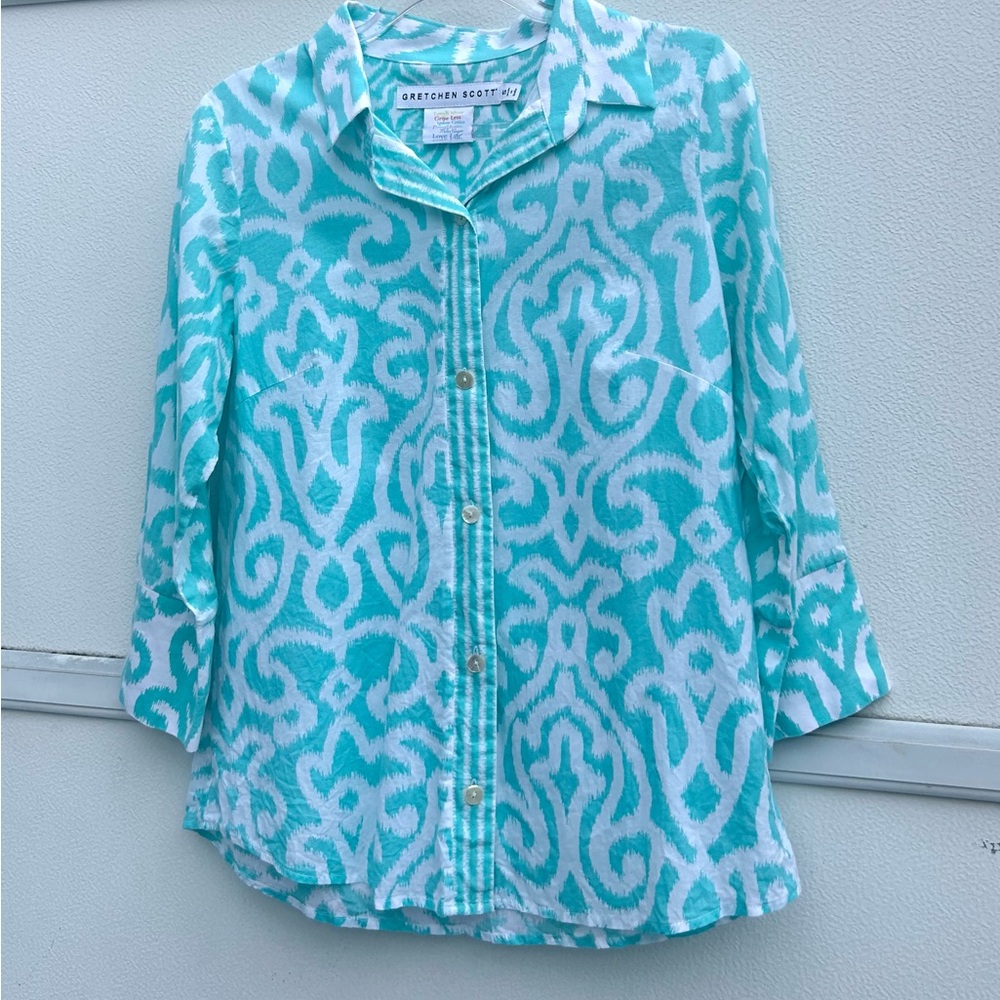 Gretchen Scott Top Women S Blue Button Up Everywhere Arabesque 100% Cotton Shirt - Picture 6 of 13